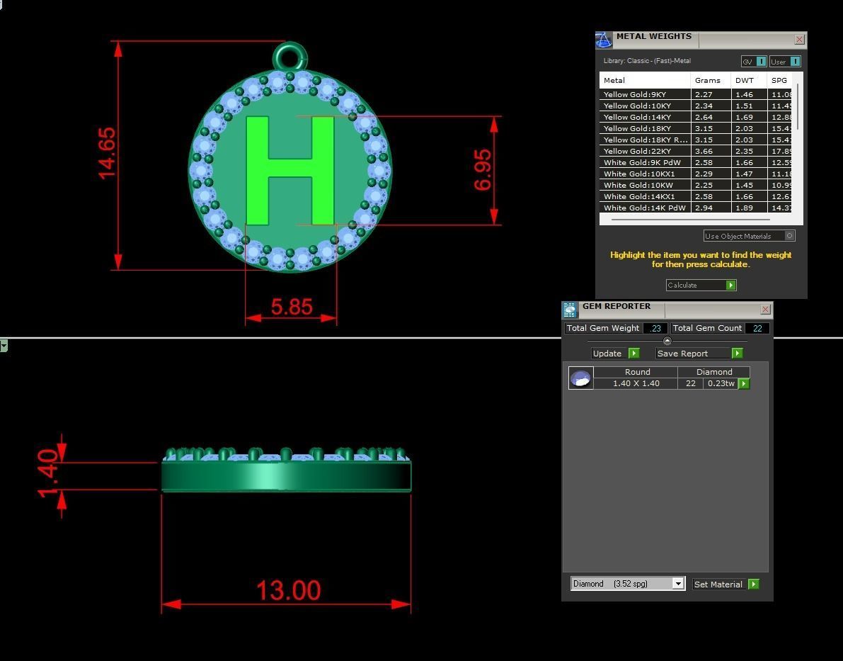 Alphabet Round Enamel Diamond Pendant H 3D print model_1