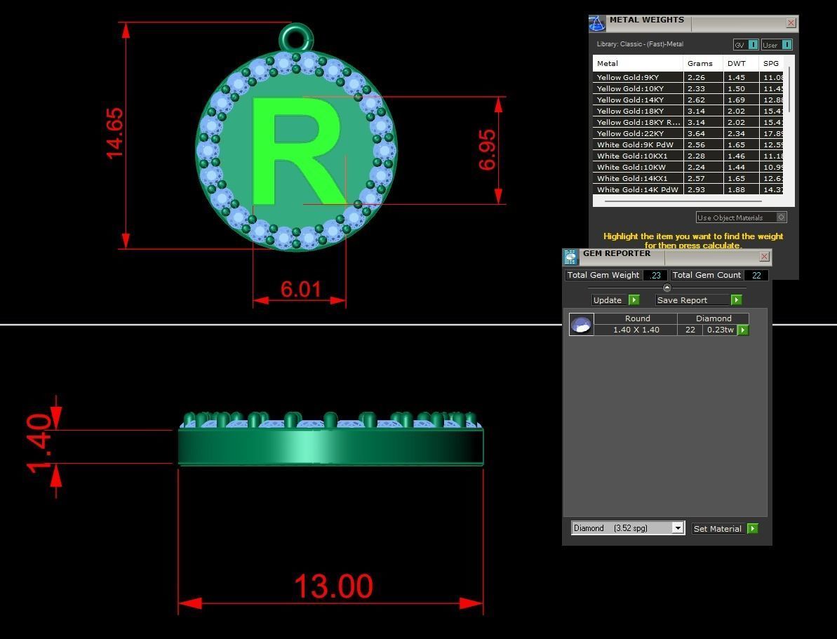 Alphabet Round Enamel Diamond Pendant R 3D print model_12