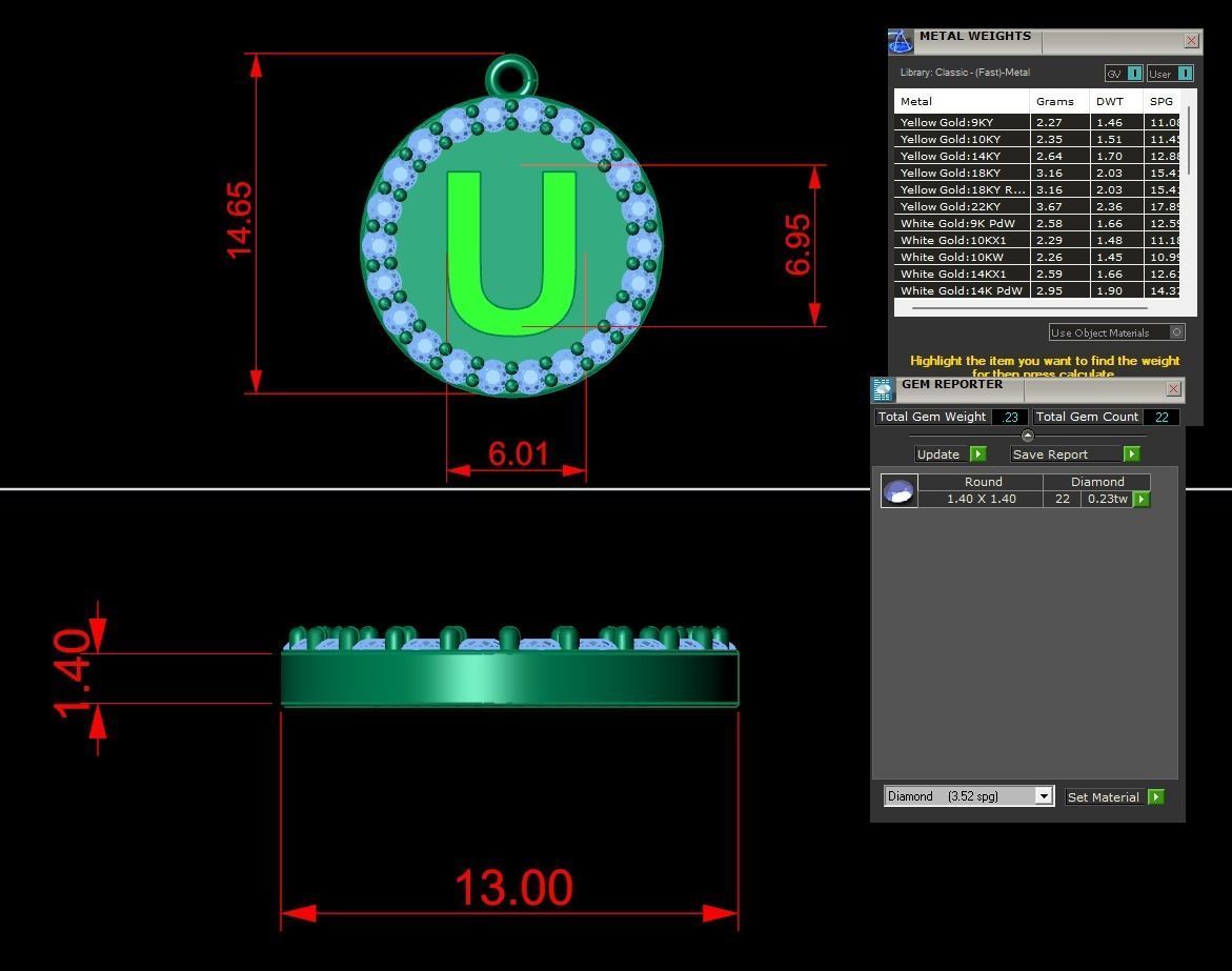 Alphabet Round Enamel Diamond Pendant U 3D print model_1
