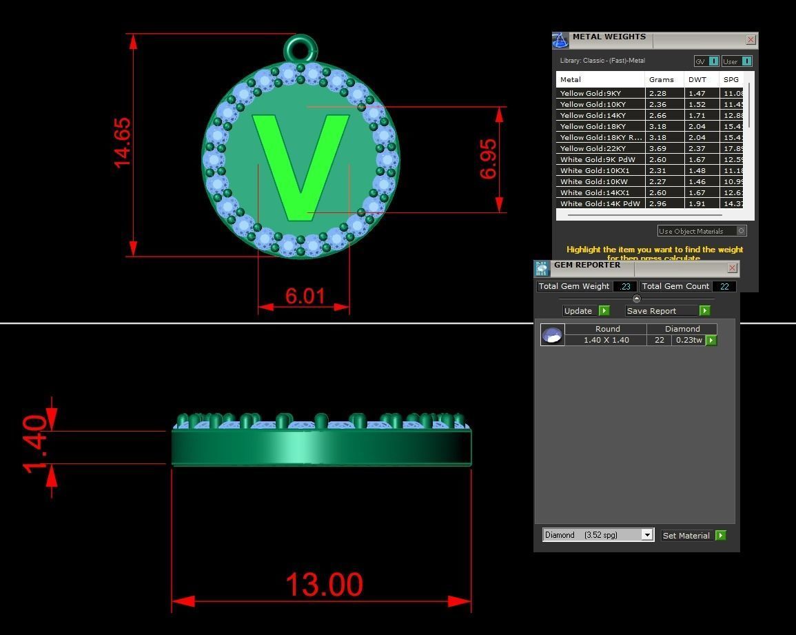 Alphabet Round Enamel Diamond Pendant V 3D print model_11