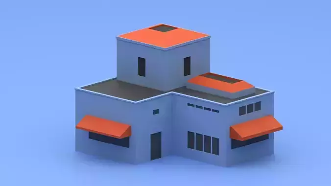 Blue-Red Low poly house exterior