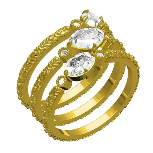 Round and Marquise and Oval Diamond Three Wedding Band