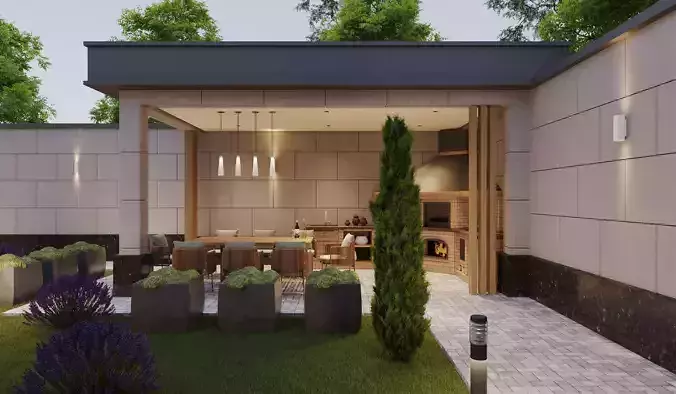 landscape courtyard design and kitchen design Free 3D model