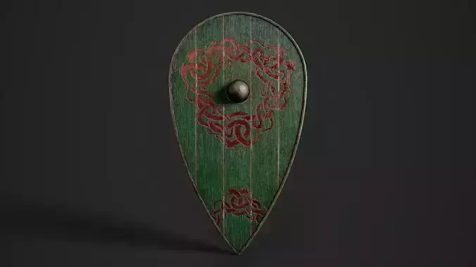 Slavic kite wooden shield-painted green with uroboros symbol Low-poly 3D model