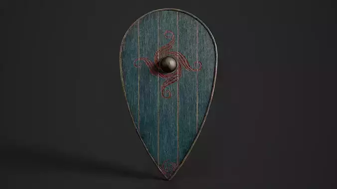 Slavic kite wooden shield-painted blue with spiral symbol Low-poly 3D model