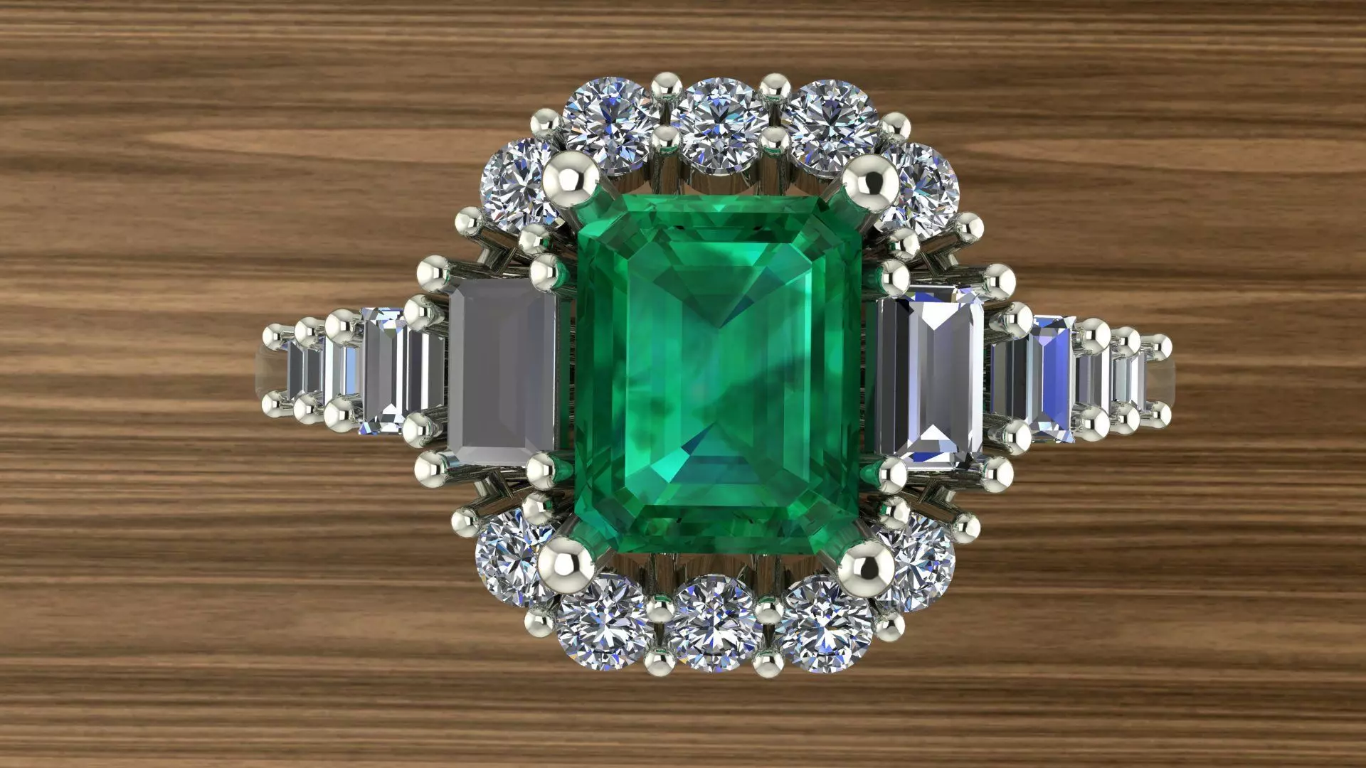 Emerald Ring With Baguettes and Round Diamonds 3D print model_0