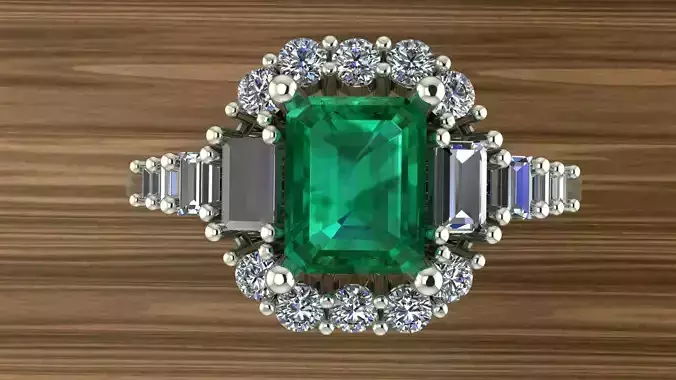 Emerald Ring With Baguettes and Round Diamonds
