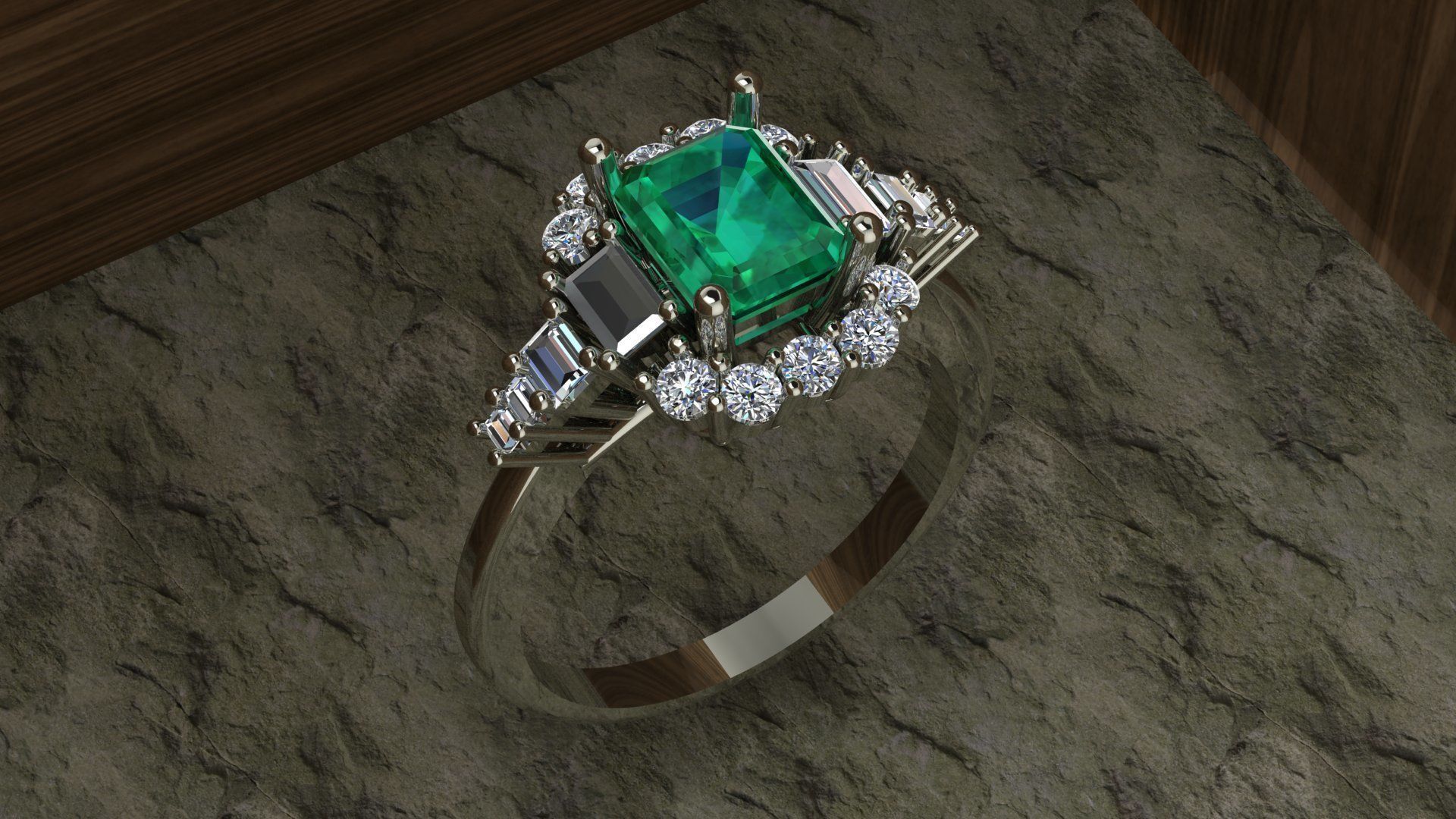 Emerald Ring With Baguettes and Round Diamonds 3D print model_2