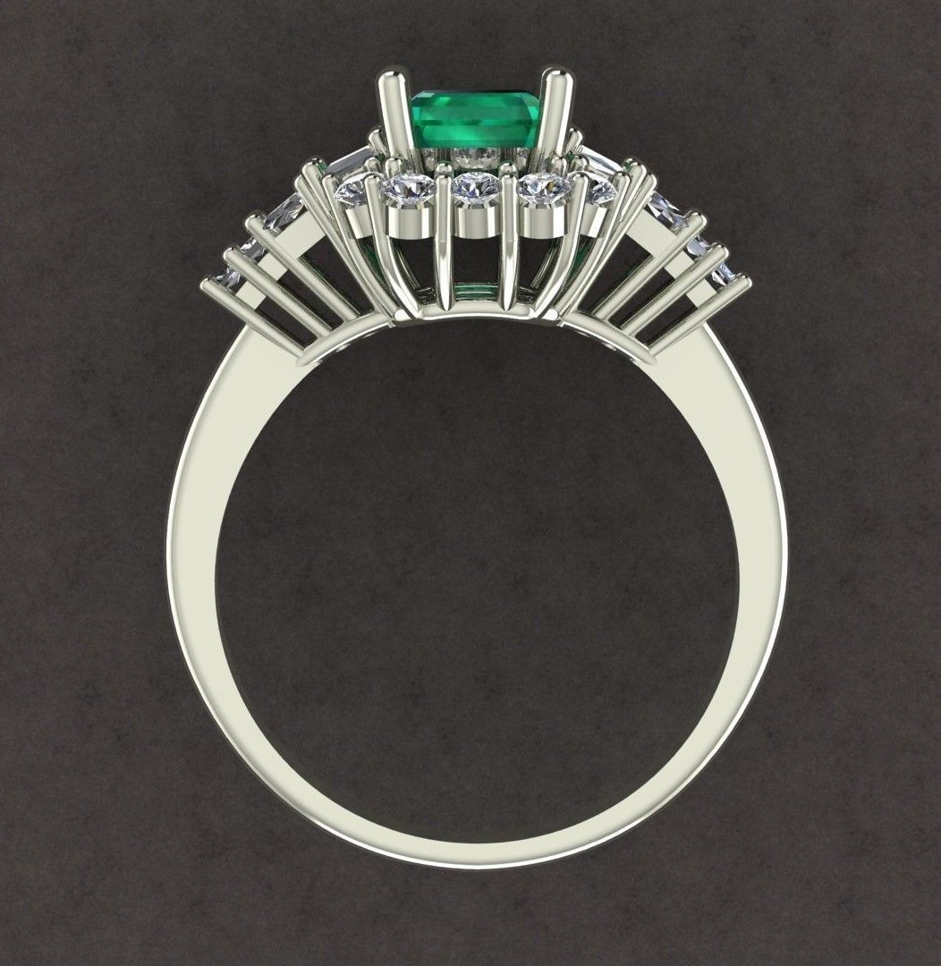 Emerald Ring With Baguettes and Round Diamonds 3D print model_3