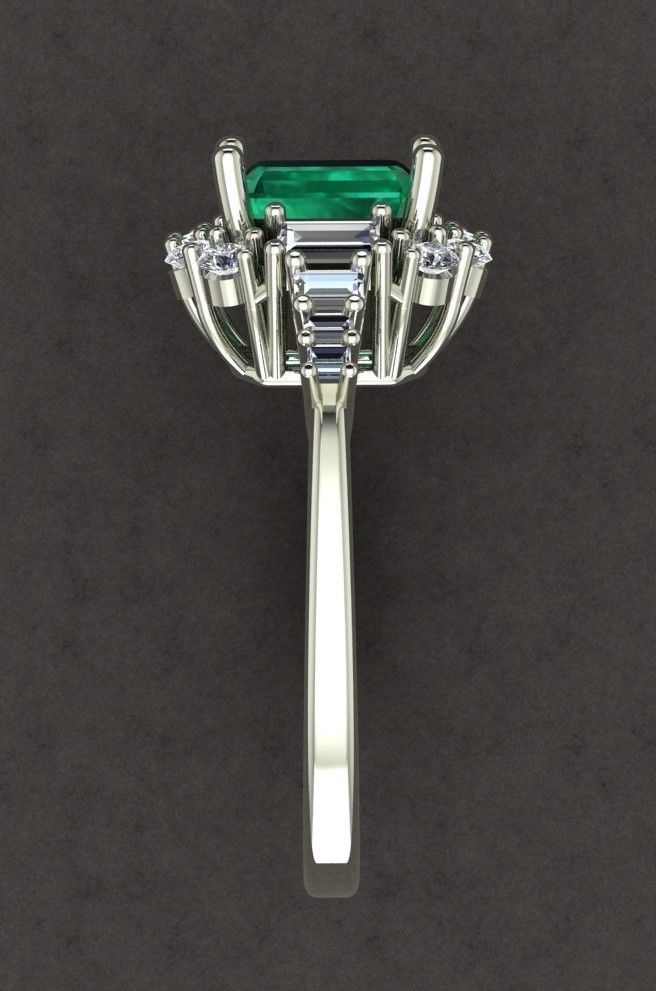 Emerald Ring With Baguettes and Round Diamonds 3D print model_4