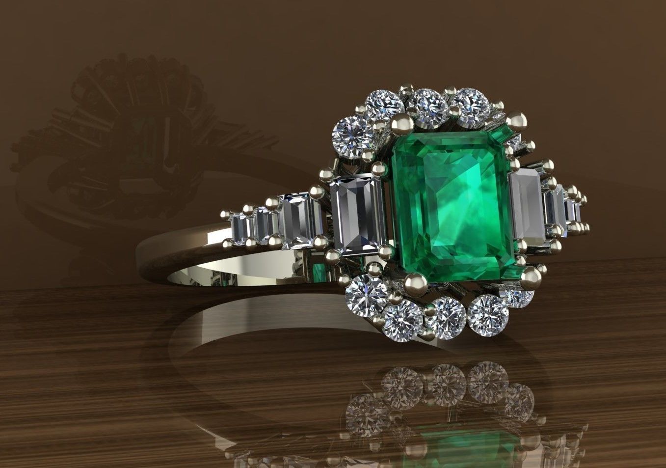 Emerald Ring With Baguettes and Round Diamonds 3D print model_1