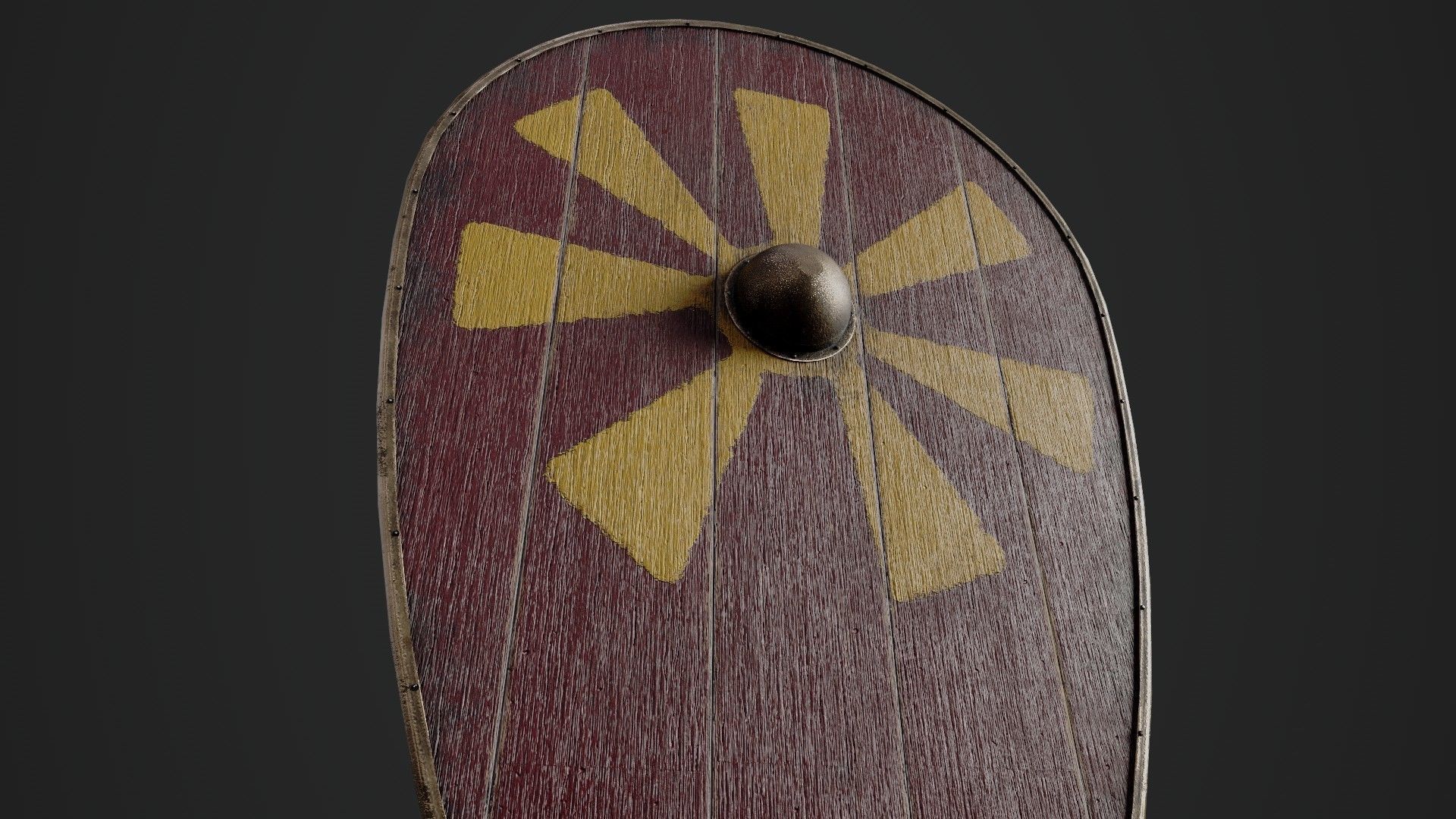 Slavic kite wooden shield-painted red with Sun symbol Low-poly 3D model_4