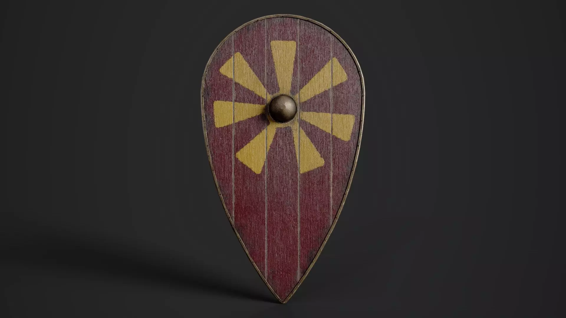 Slavic kite wooden shield-painted red with Sun symbol Low-poly 3D model_0