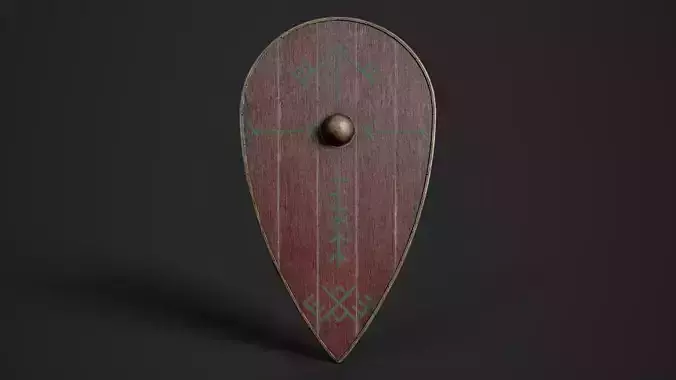 Slavic kite wooden shield-painted red with pagan symbol Low-poly 3D model