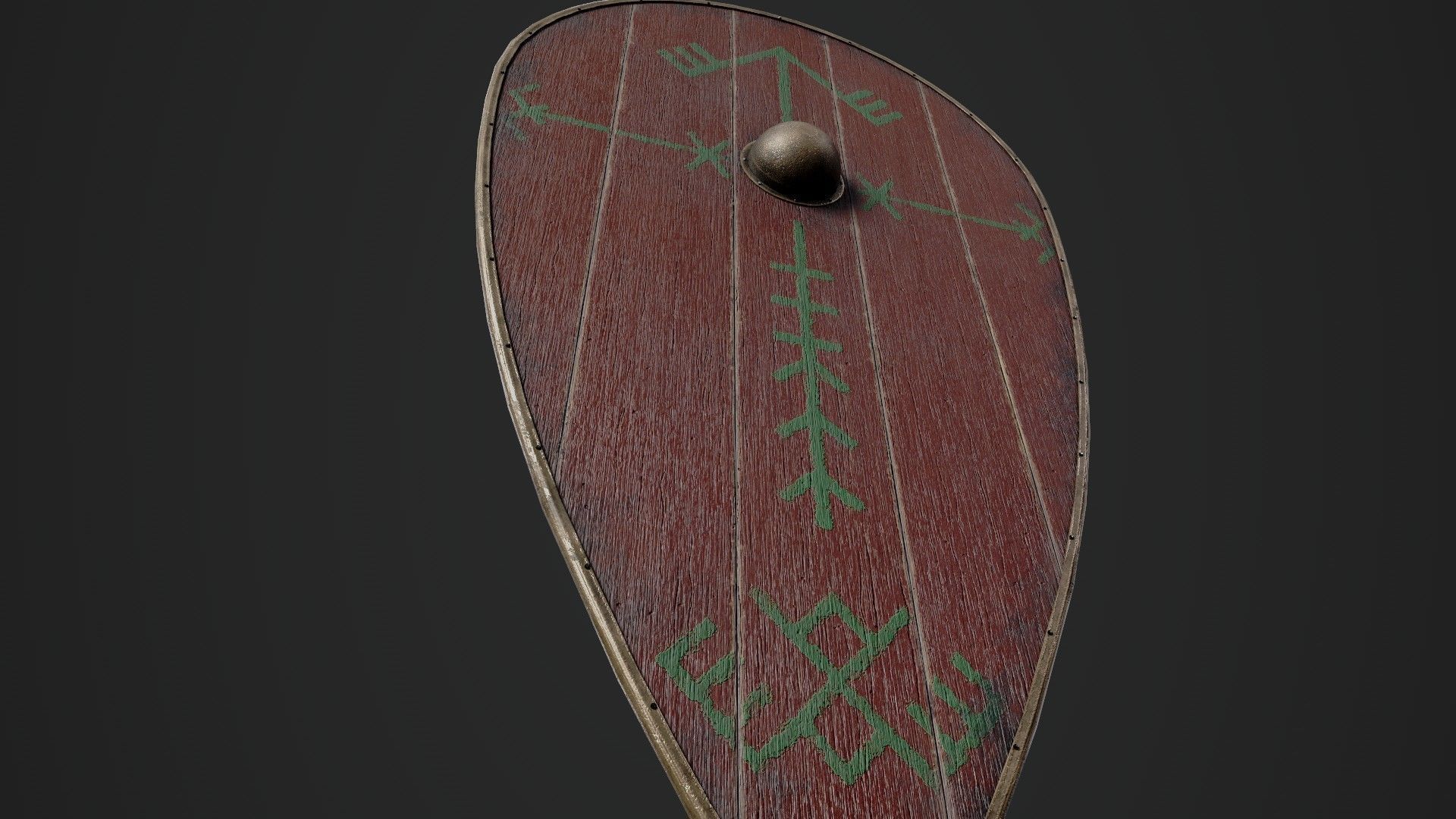 Slavic kite wooden shield-painted red with pagan symbol Low-poly 3D model_4