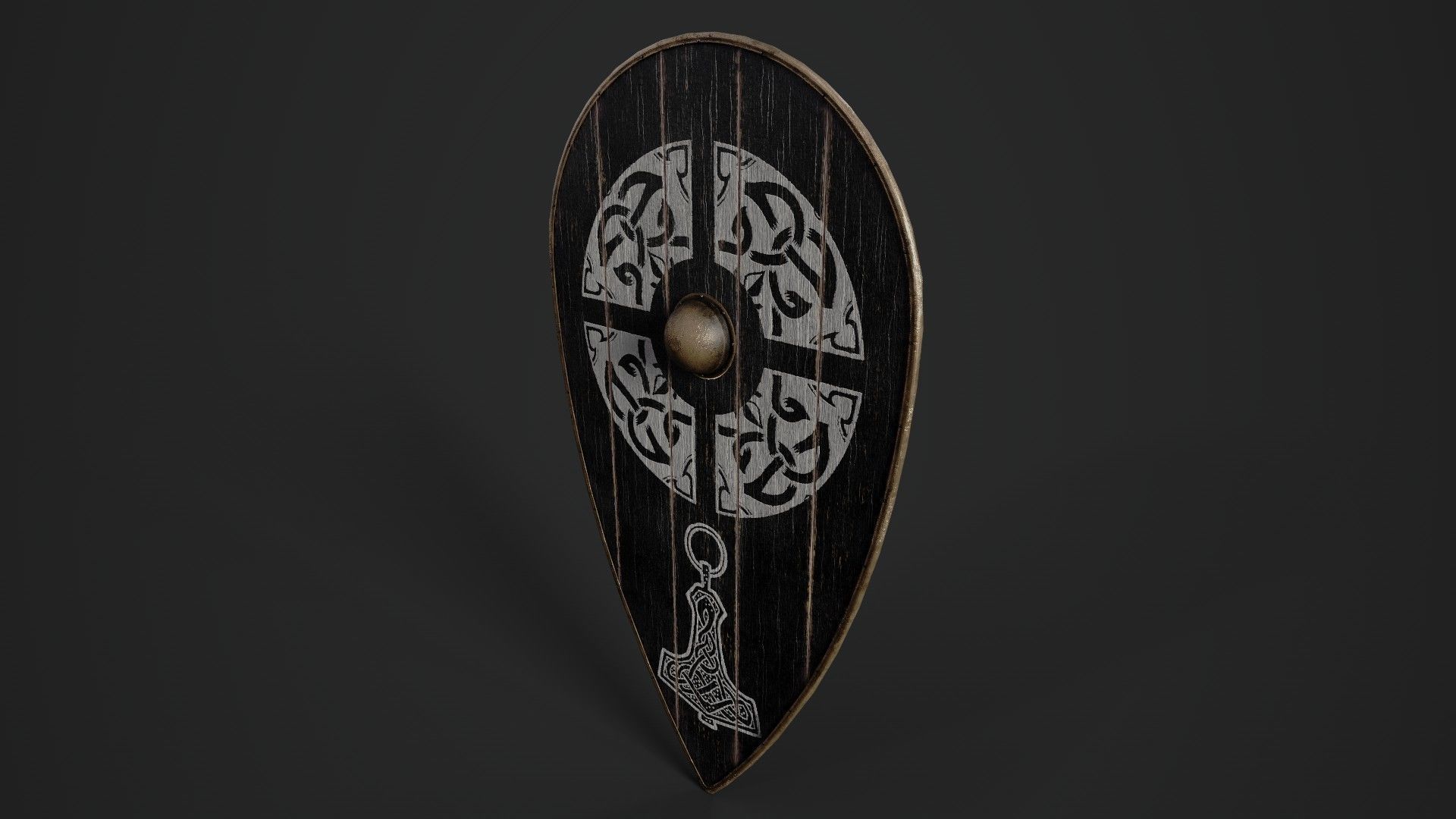 Slavic kite wooden shield-painted black with Thor symbol Low-poly 3D model_5