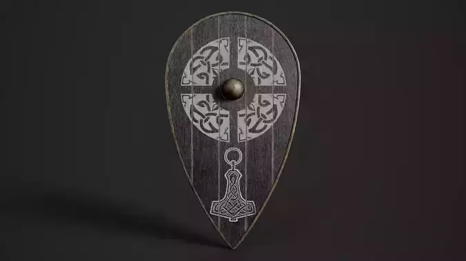 Slavic kite wooden shield-painted black with Thor symbol Low-poly 3D model