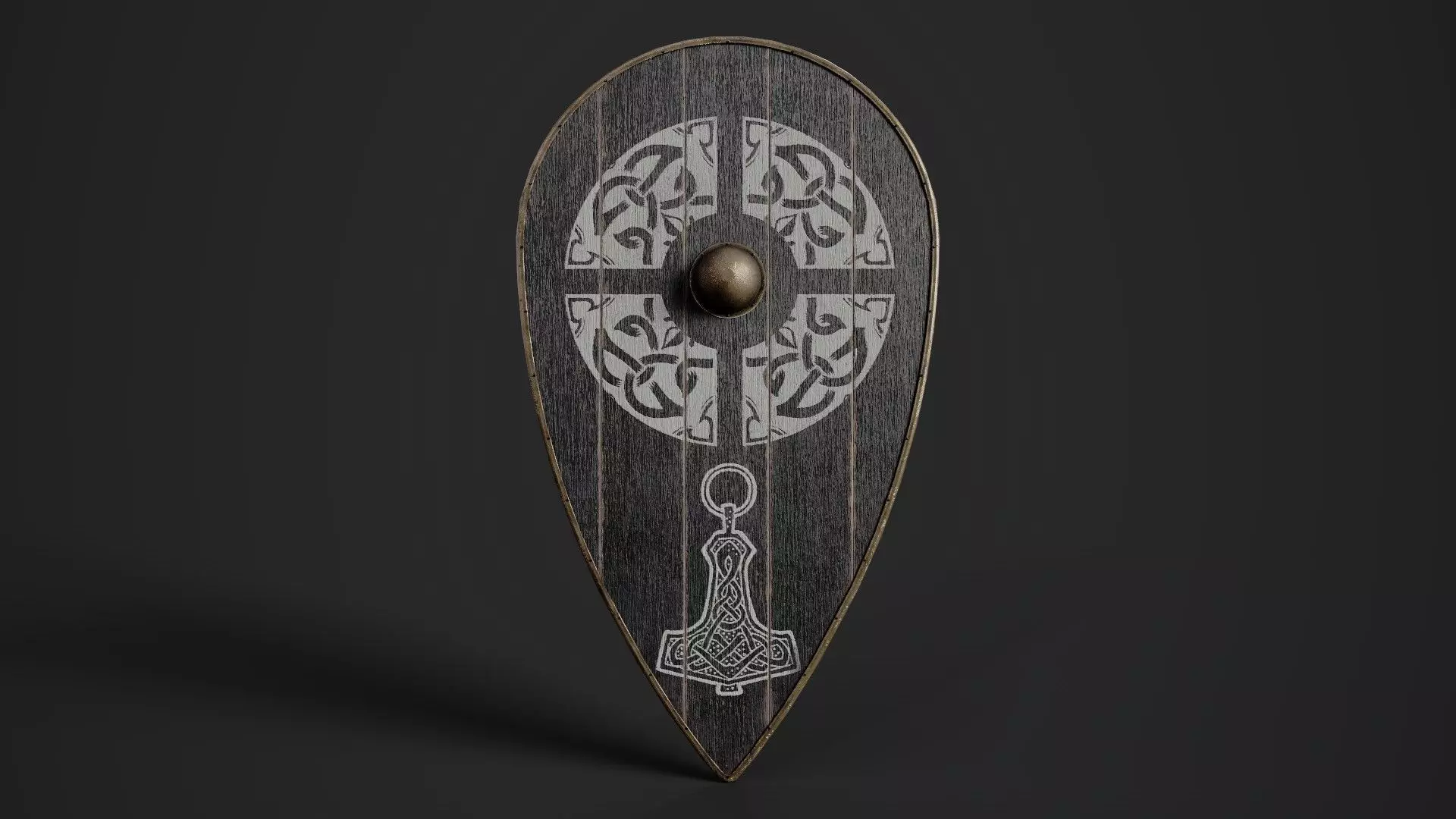 Slavic kite wooden shield-painted black with Thor symbol Low-poly 3D model_0