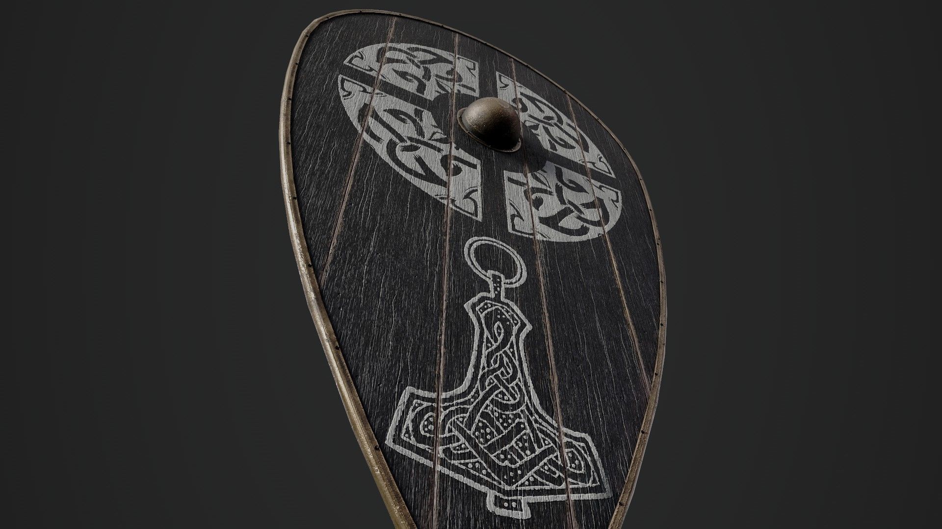 Slavic kite wooden shield-painted black with Thor symbol Low-poly 3D model_4