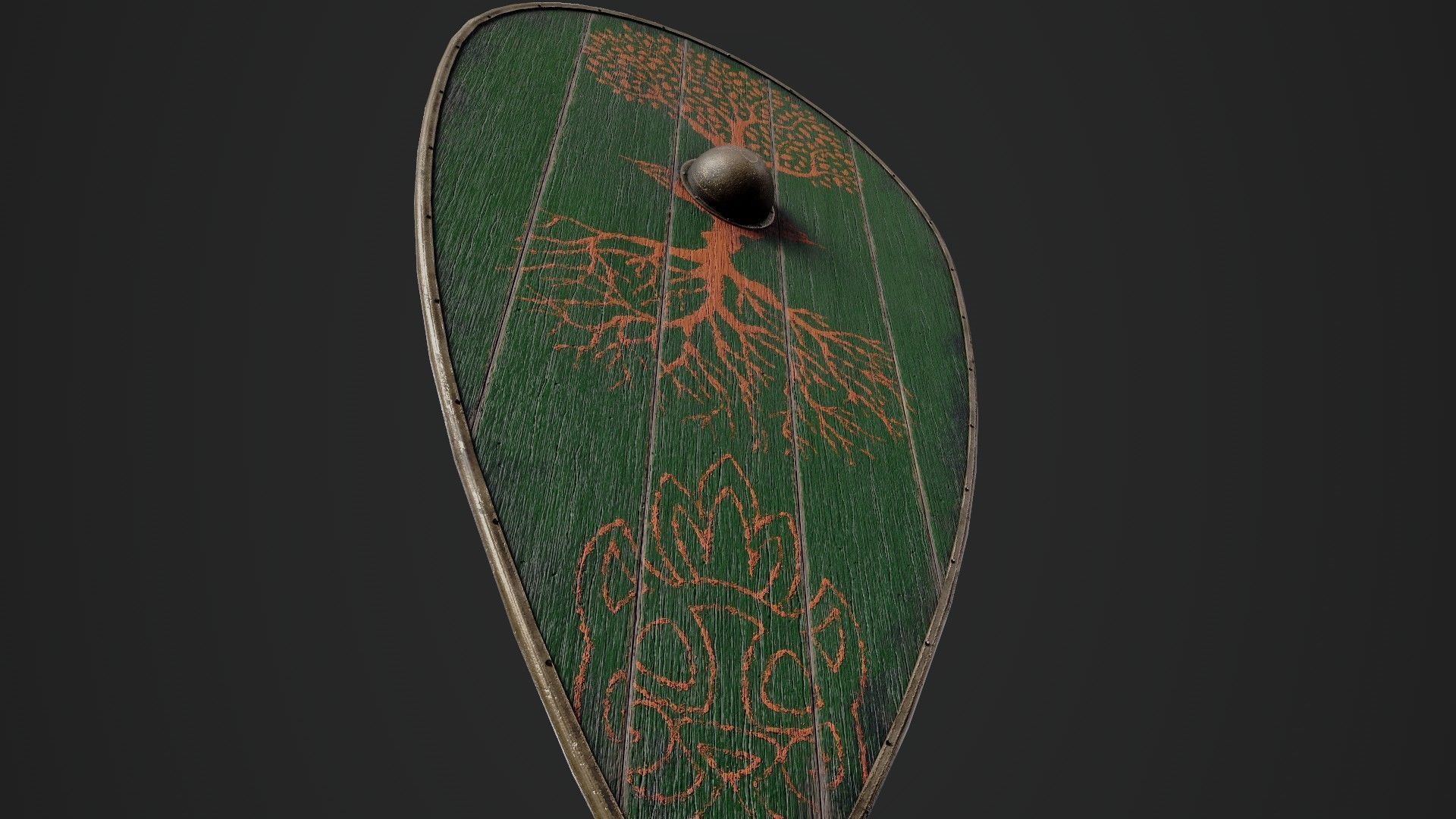 Slavic kite wooden shield-painted green with trees symbol Low-poly 3D model_4