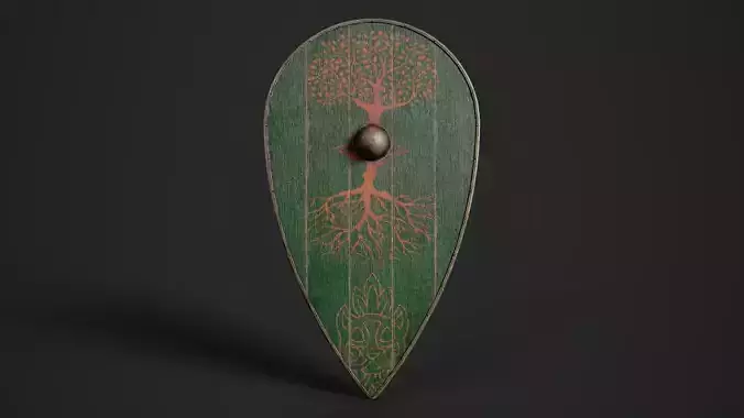 Slavic kite wooden shield-painted green with trees symbol Low-poly 3D model