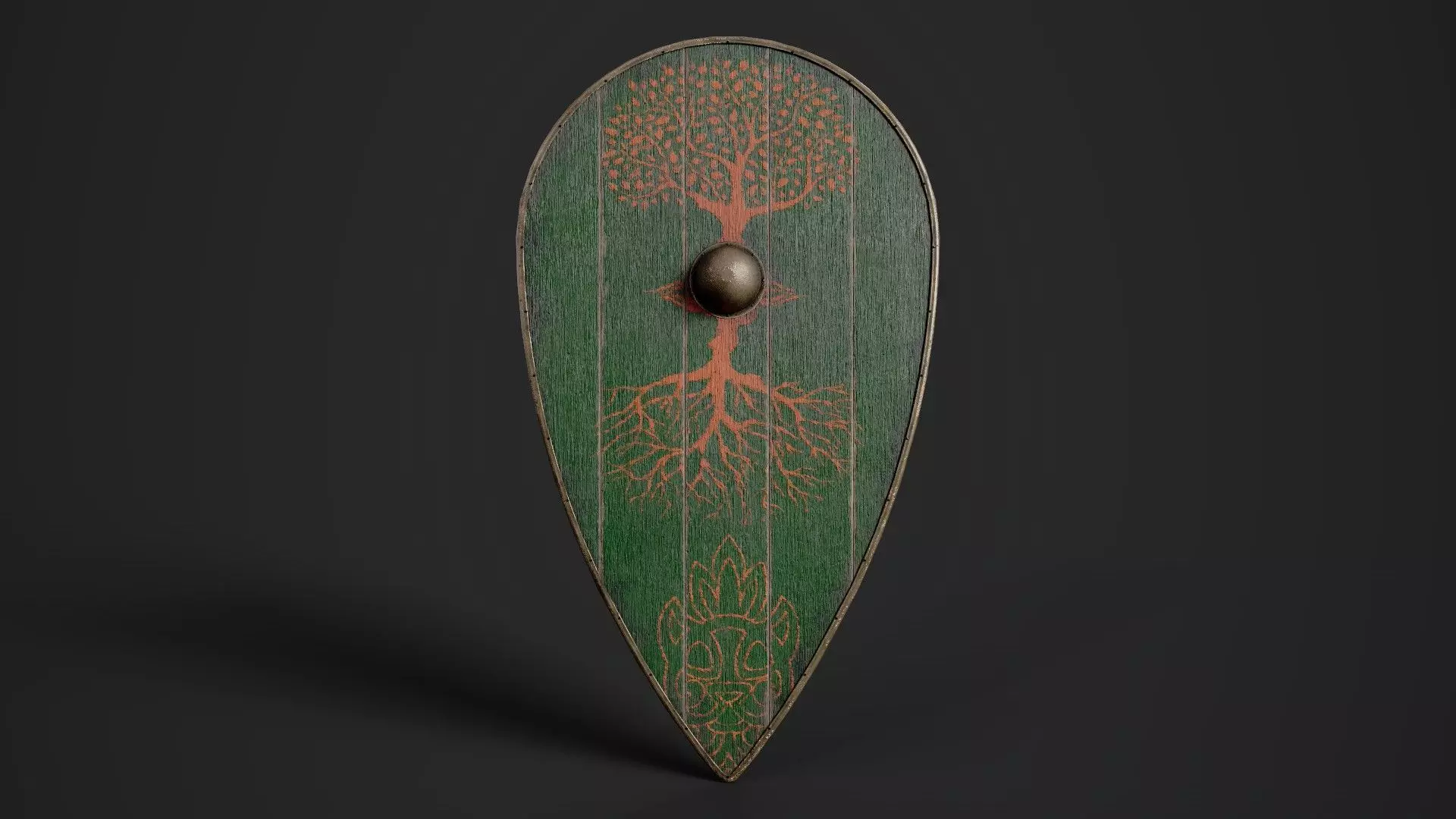 Slavic kite wooden shield-painted green with trees symbol Low-poly 3D model_0