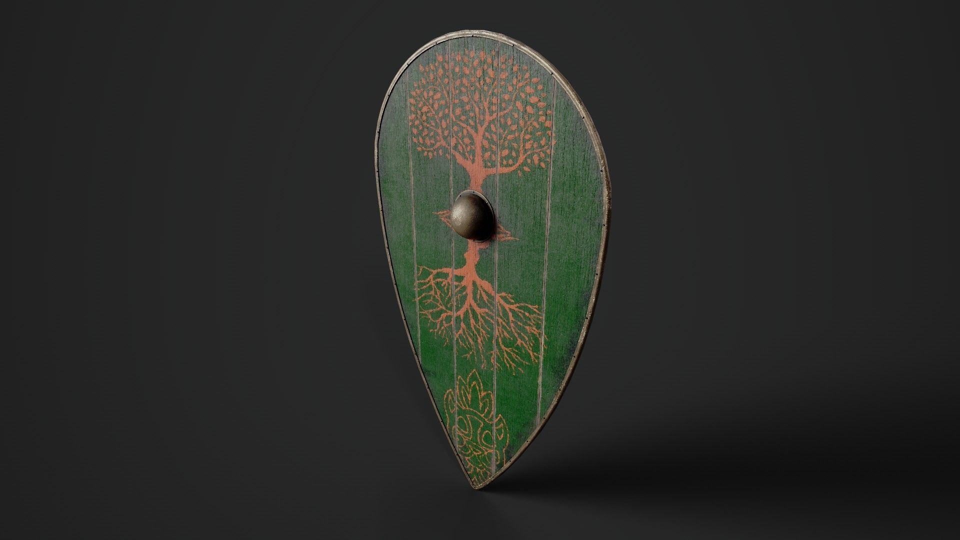Slavic kite wooden shield-painted green with trees symbol Low-poly 3D model_5