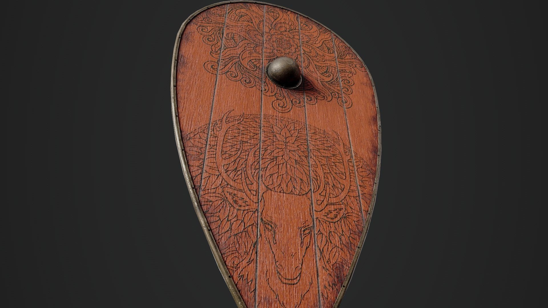 Slavic kite wooden shield-painted orange with deer symbol Low-poly 3D model_4