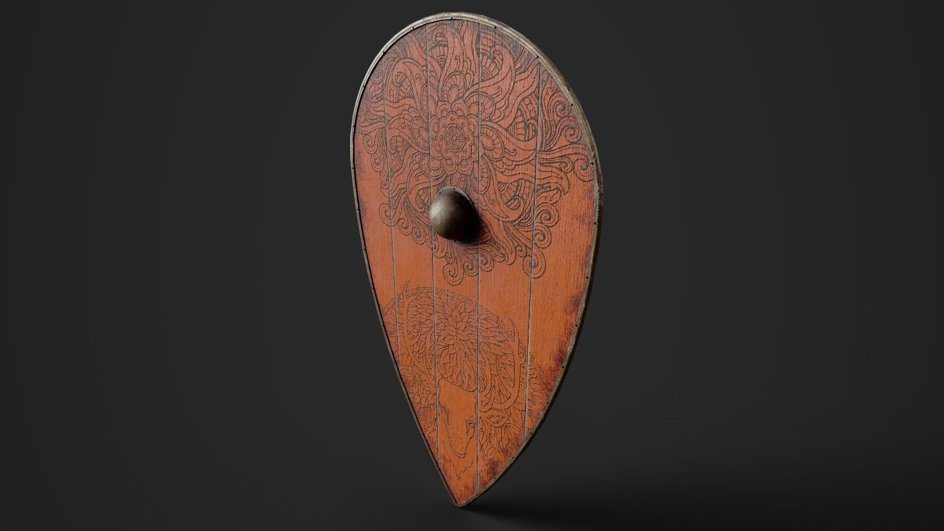 Slavic kite wooden shield-painted orange with deer symbol Low-poly 3D model_5