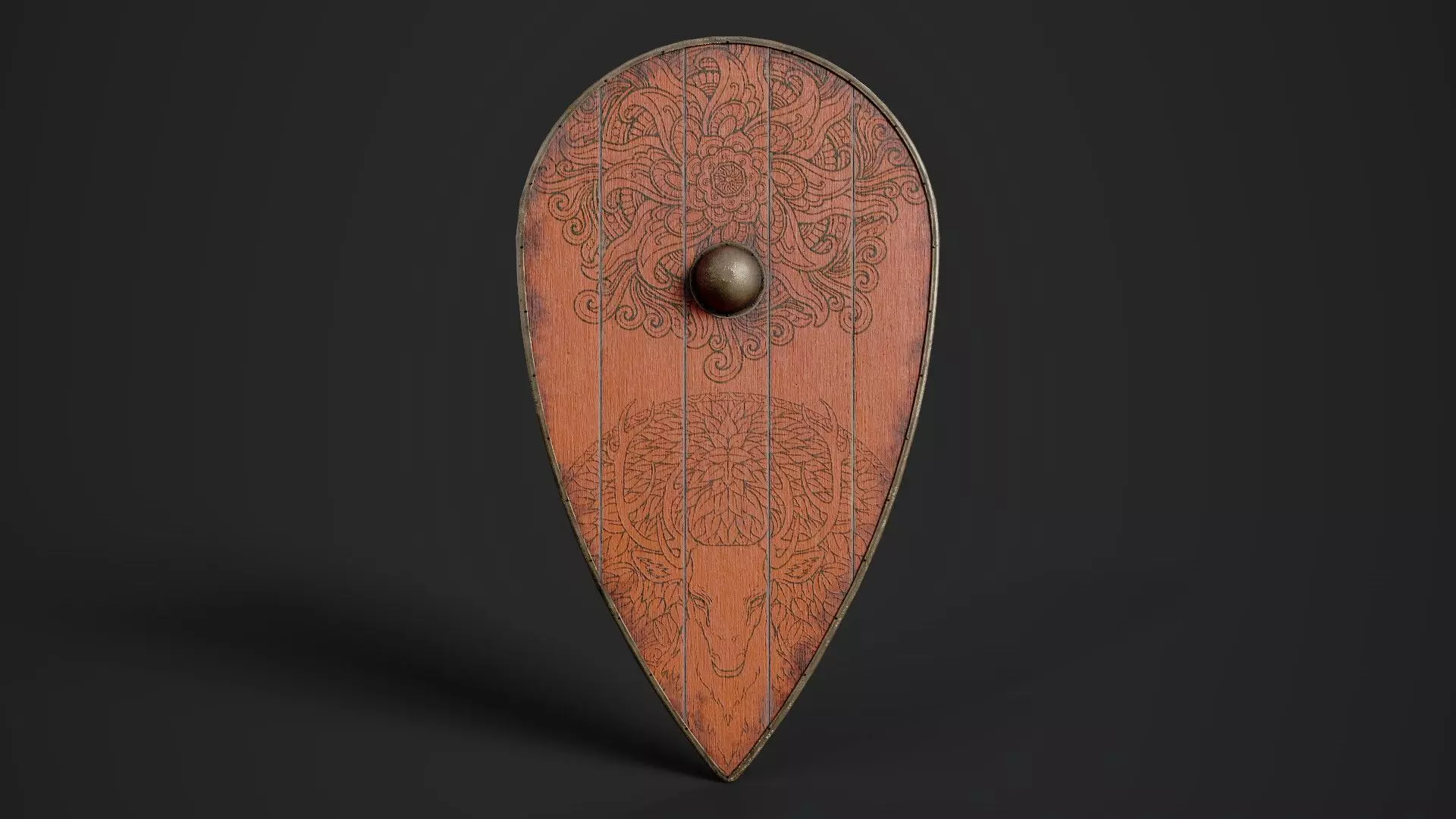 Slavic kite wooden shield-painted orange with deer symbol Low-poly 3D model_0