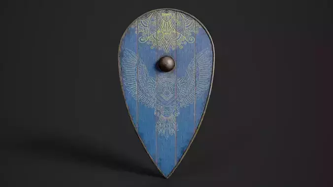 Slavic kite wooden shield-painted blue with owl symbol Low-poly 3D model