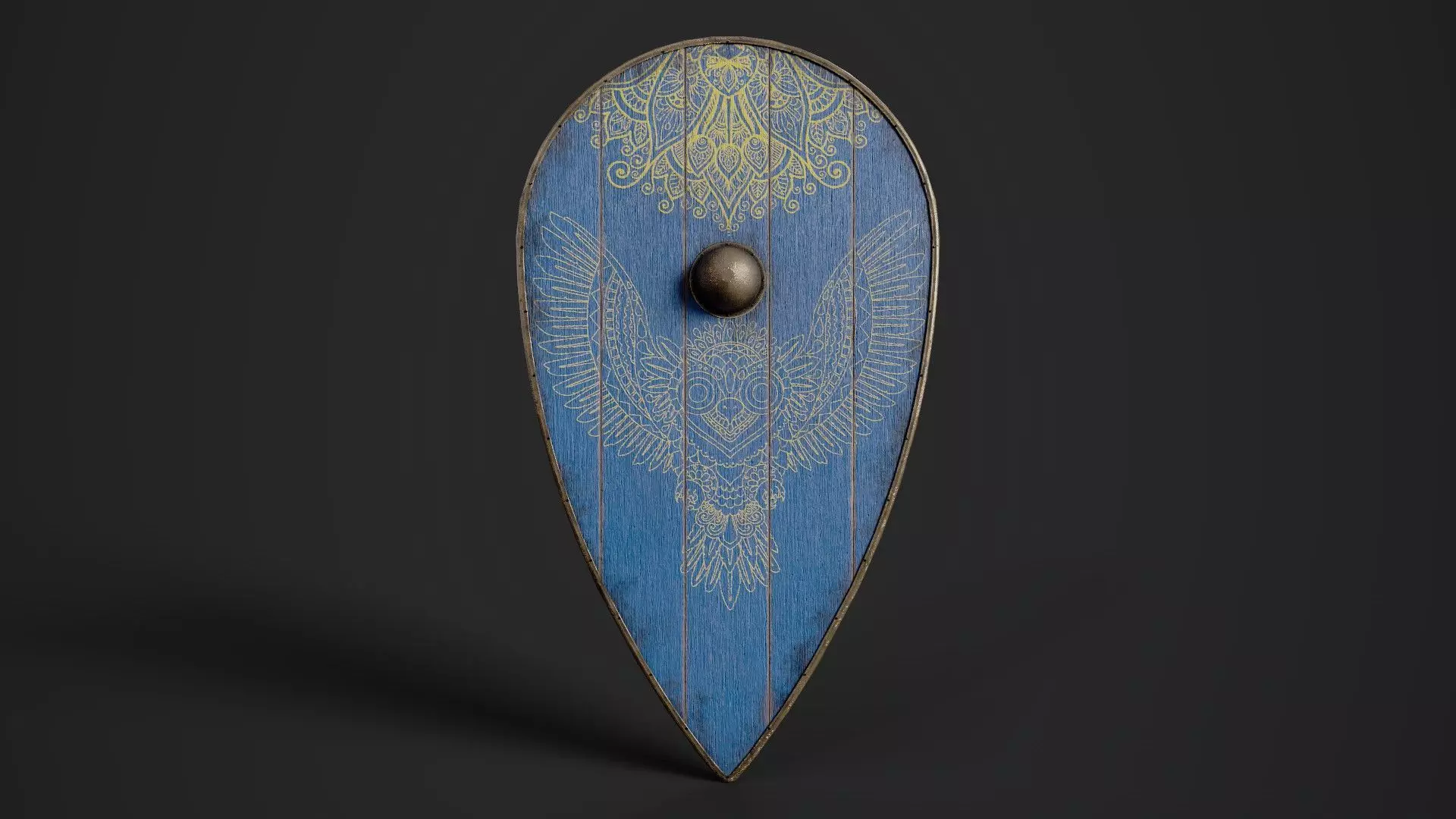 Slavic kite wooden shield-painted blue with owl symbol Low-poly 3D model_0