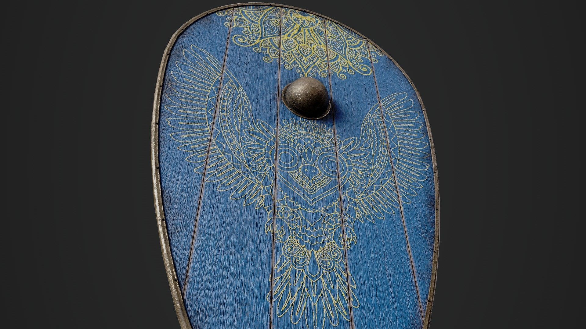 Slavic kite wooden shield-painted blue with owl symbol Low-poly 3D model_4