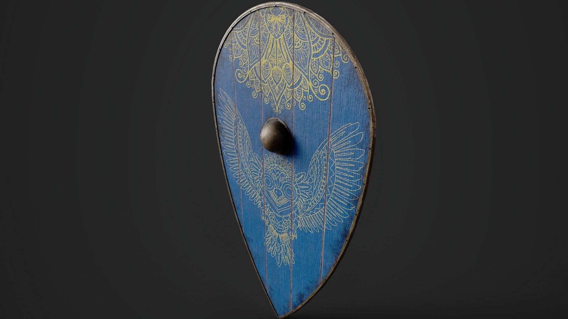 Slavic kite wooden shield-painted blue with owl symbol Low-poly 3D model_5