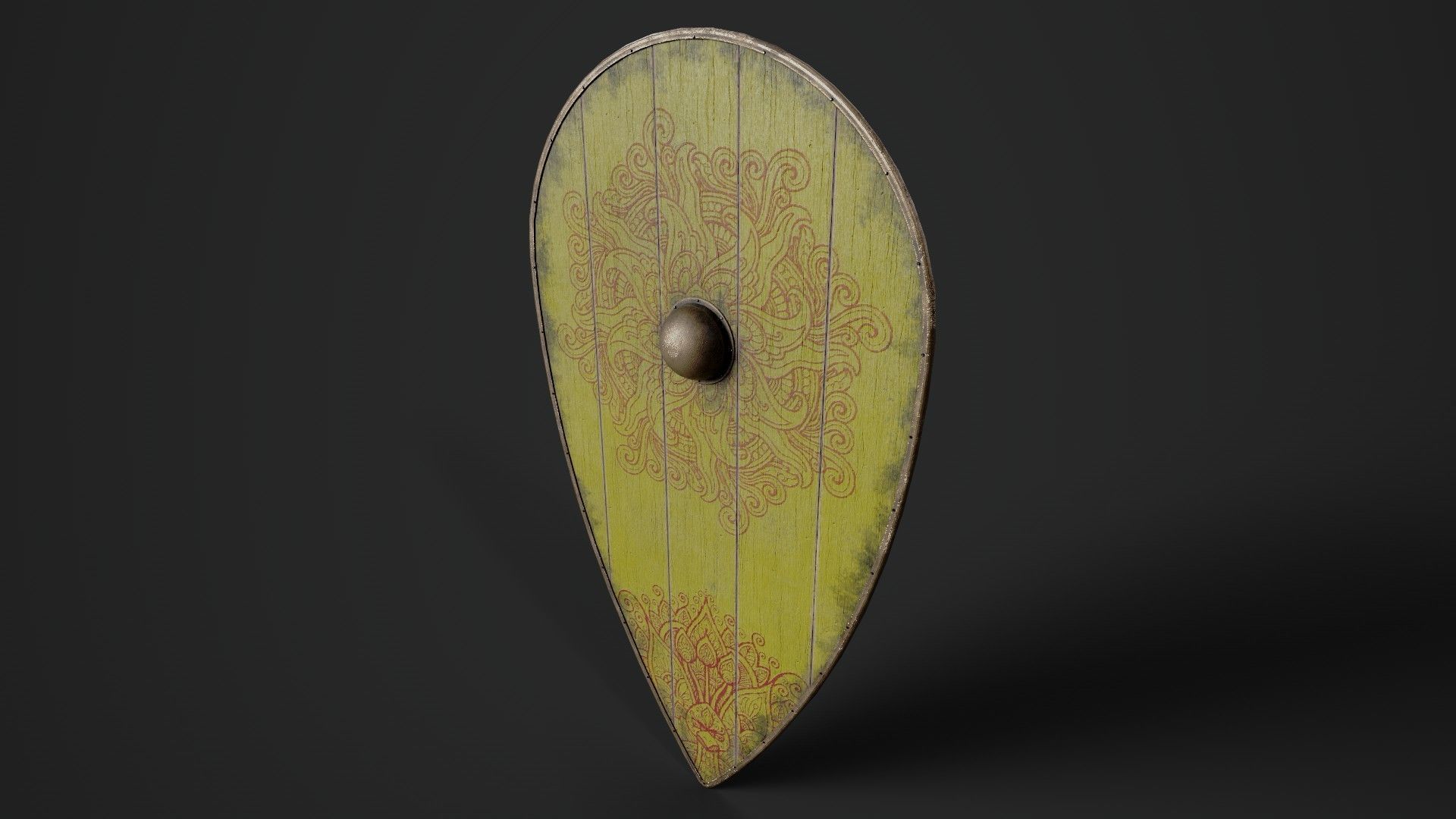 Slavic kite wooden shield-painted yellow with flower symbol Low-poly 3D model_5