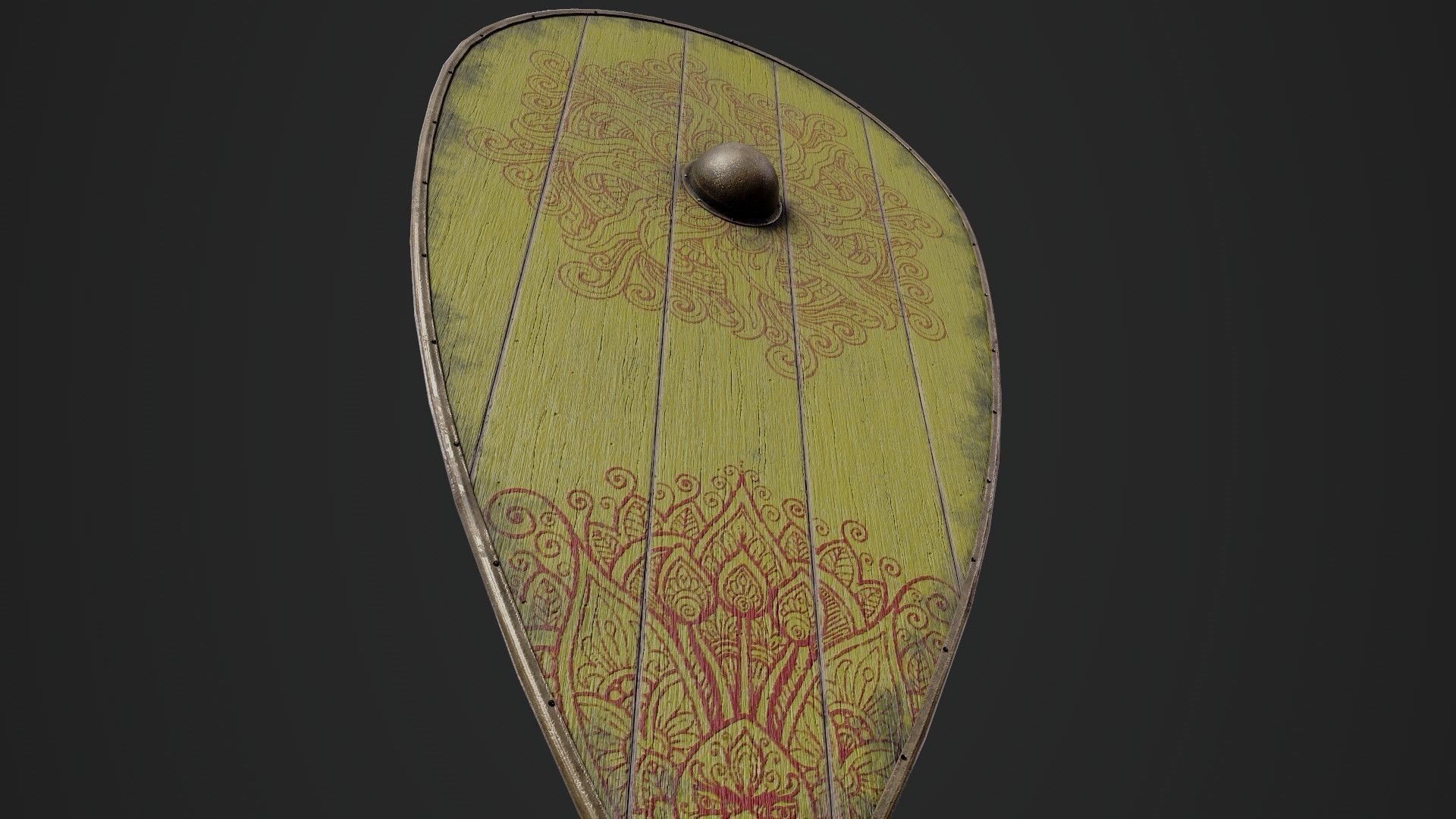 Slavic kite wooden shield-painted yellow with flower symbol Low-poly 3D model_4