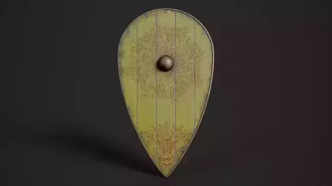 Slavic kite wooden shield-painted yellow with flower symbol Low-poly 3D model
