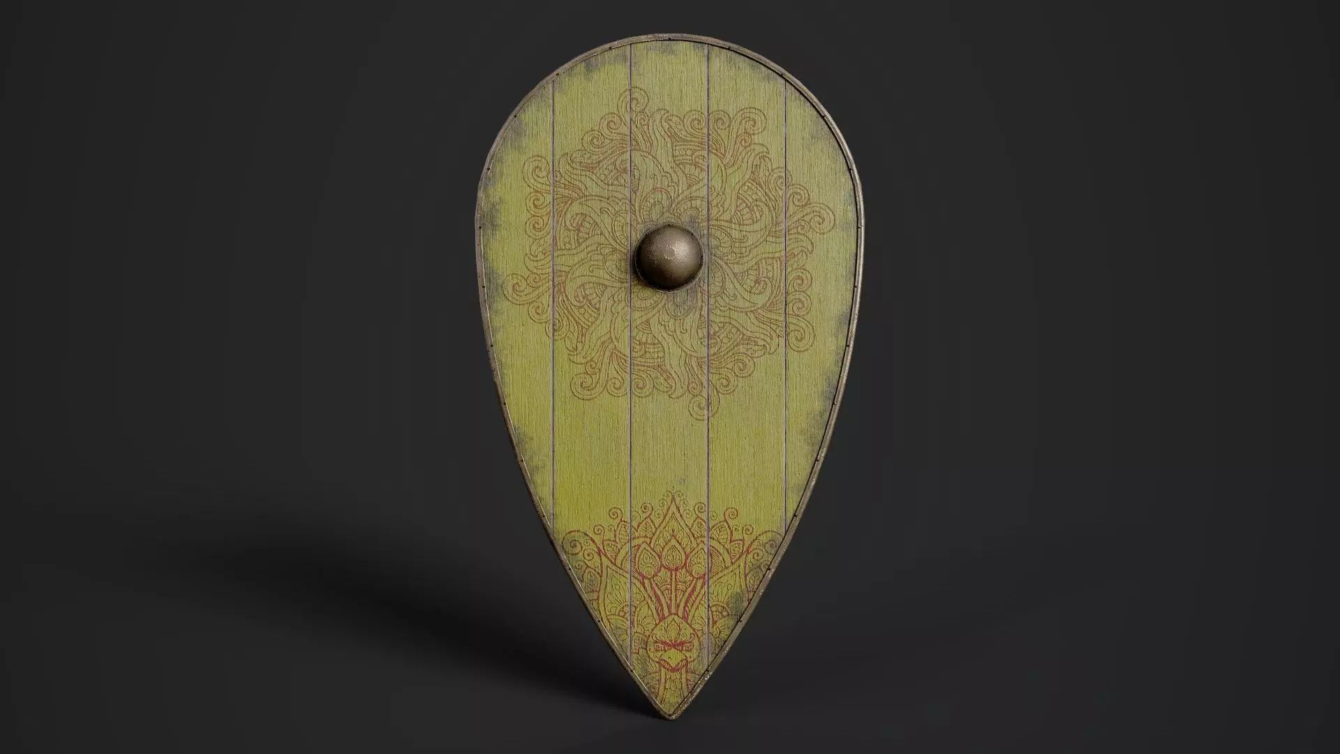 Slavic kite wooden shield-painted yellow with flower symbol Low-poly 3D model_0