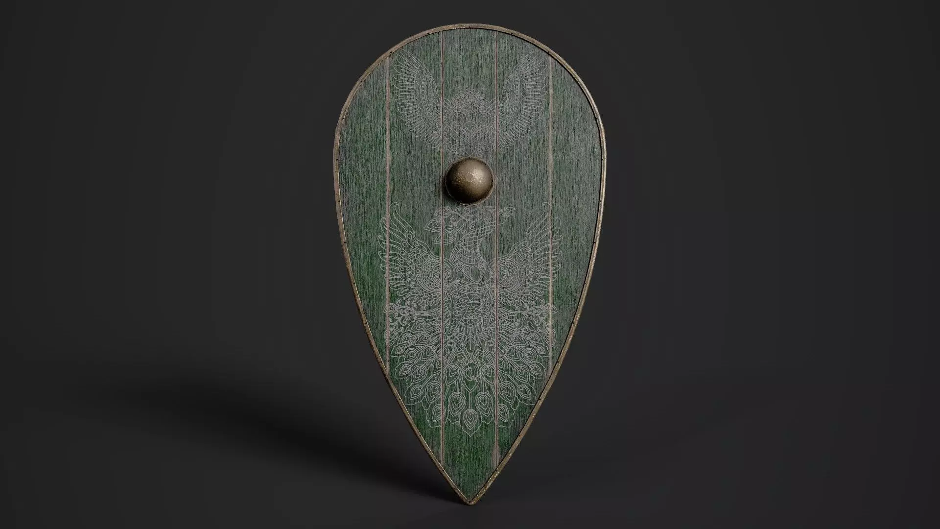 Slavic kite wooden shield-painted green with birds symbol Low-poly 3D model_0