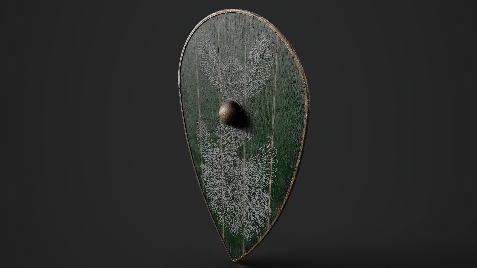 Slavic kite wooden shield-painted green with birds symbol Low-poly 3D model_5