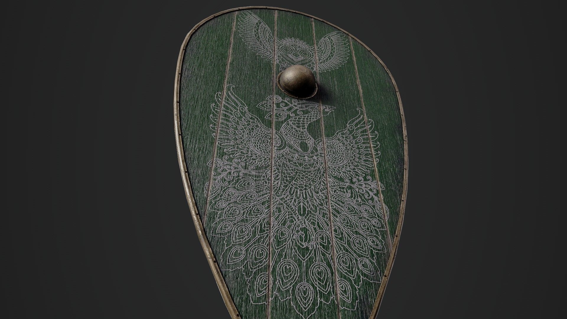 Slavic kite wooden shield-painted green with birds symbol Low-poly 3D model_4