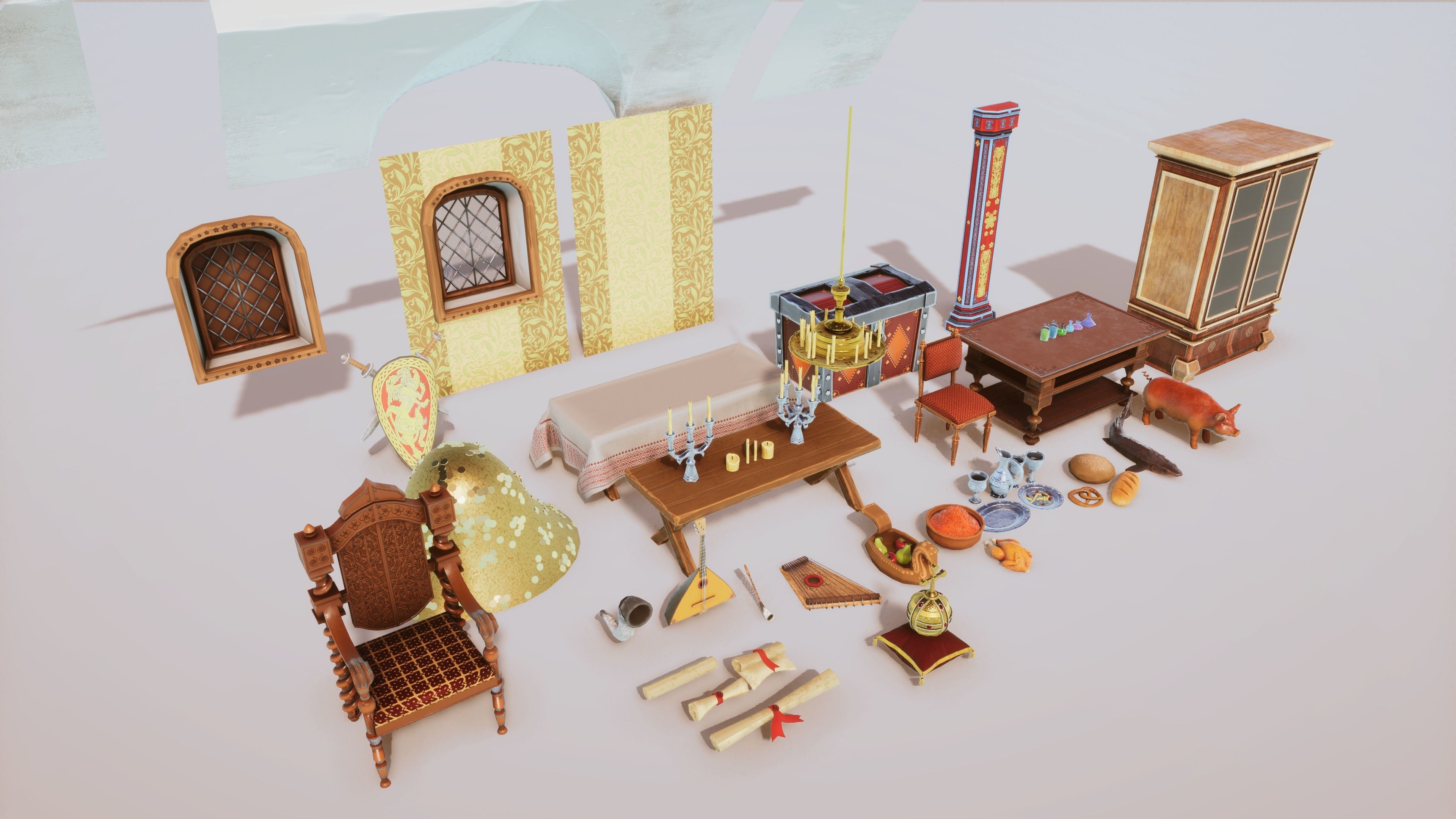 Stylized Medieval Interior Props Kit 70 plus Items Low-poly 3D model_5