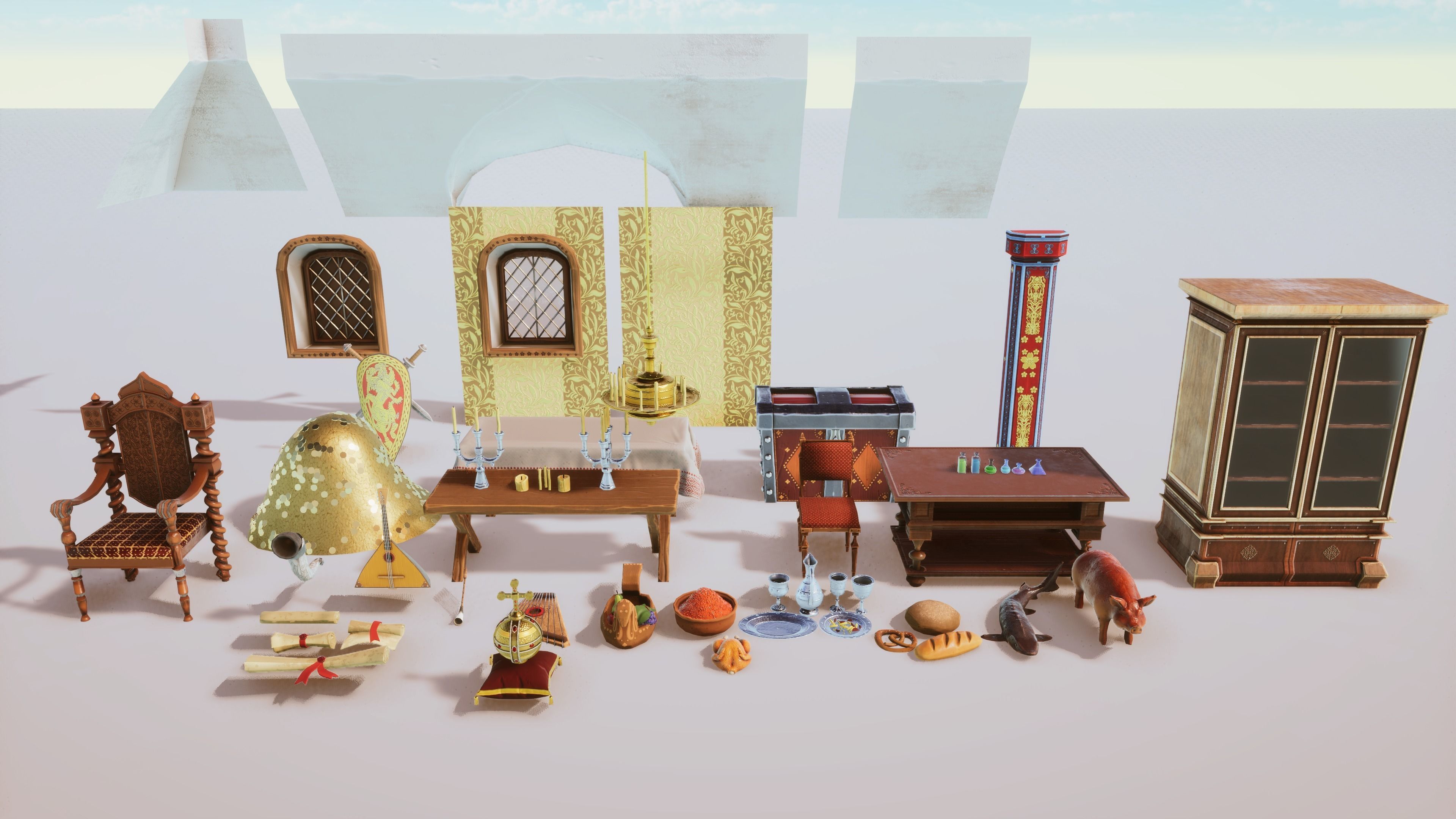 Stylized Medieval Interior Props Kit 70 plus Items Low-poly 3D model_2