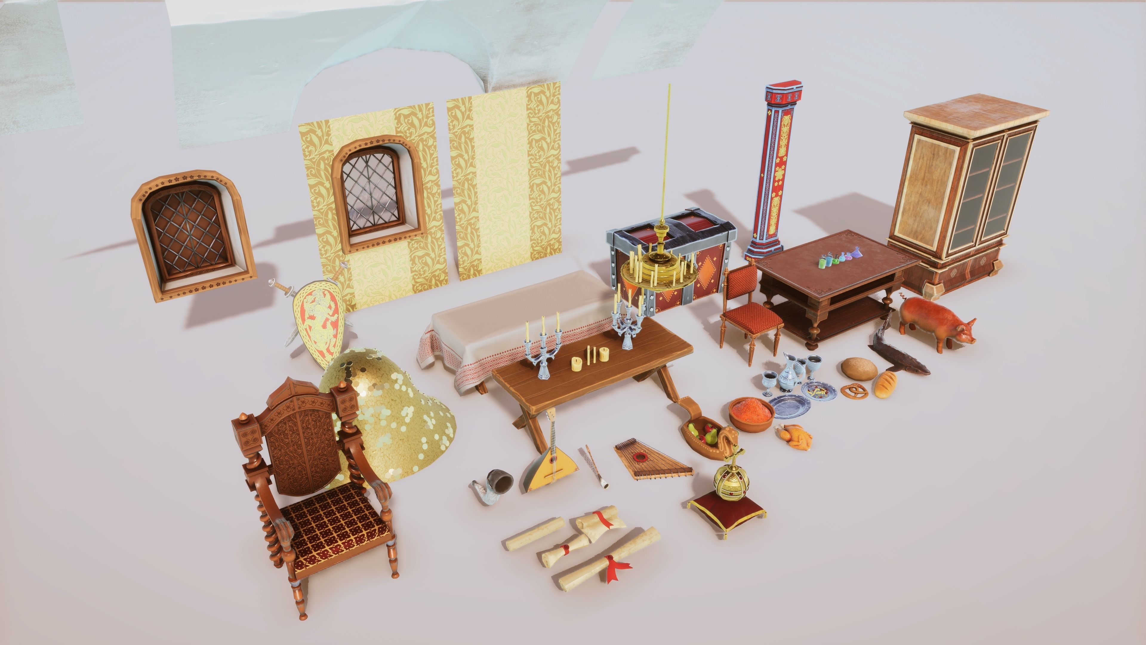 Stylized Medieval Interior Props Kit 70 plus Items Low-poly 3D model_6