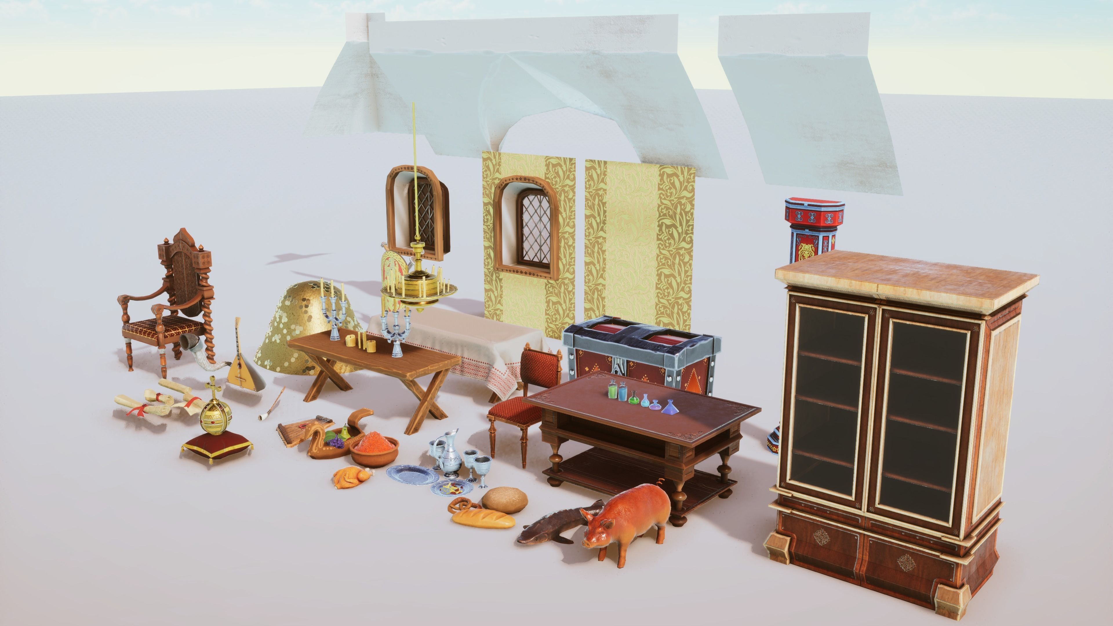 Stylized Medieval Interior Props Kit 70 plus Items Low-poly 3D model_1
