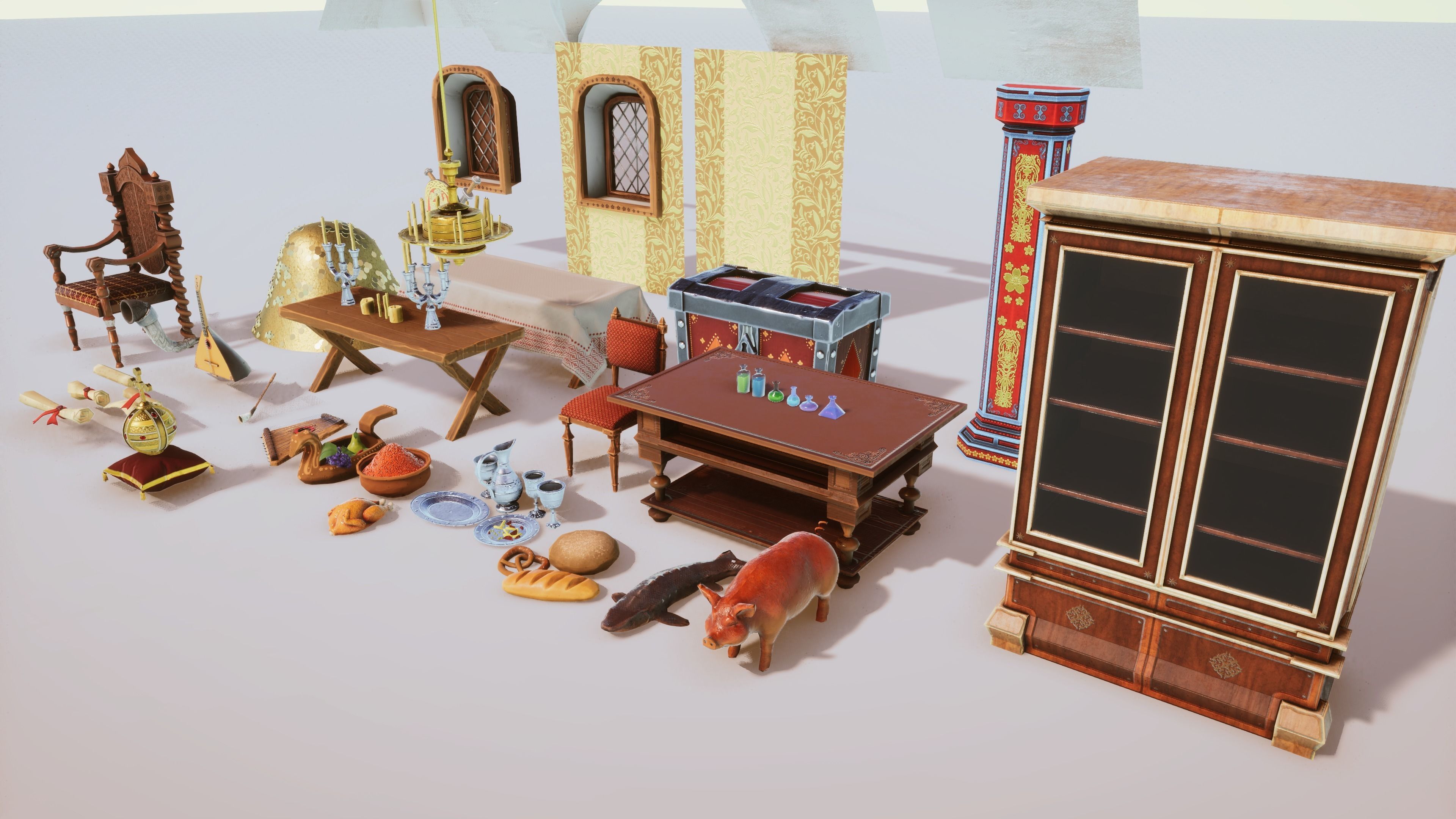 Stylized Medieval Interior Props Kit 70 plus Items Low-poly 3D model_4