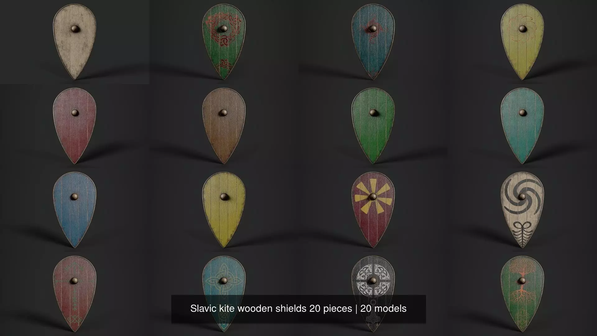 Slavic kite wooden shields 20 pieces 3D Model Collection_1