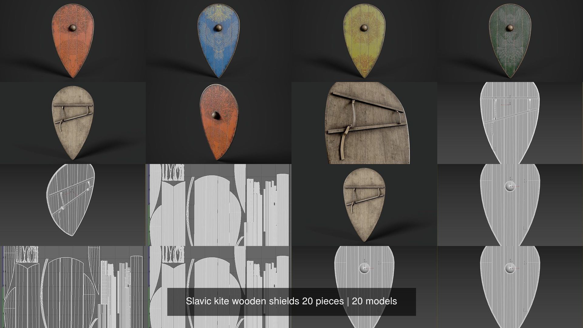 Slavic kite wooden shields 20 pieces 3D Model Collection_5