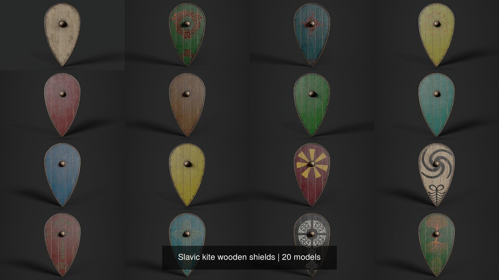 Slavic kite wooden shields 20 pieces 3D Model Collection_4