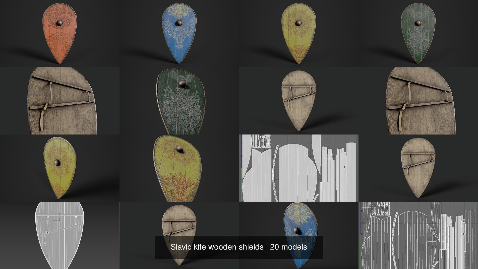Slavic kite wooden shields 20 pieces 3D Model Collection_7